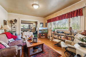 Living room with wood finished floors and crown molding