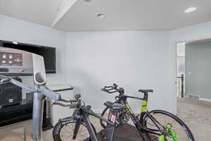 Workout area with carpet and recessed lighting