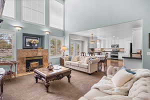 Living room featuring a towering ceiling and a premium fireplace
