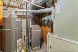 Utilities featuring water heater, electric panel, and heating unit