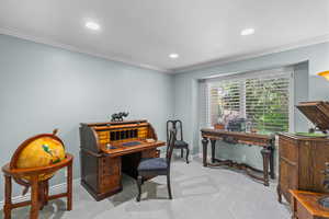 Office space featuring ornamental molding, light colored carpet, and recessed lighting