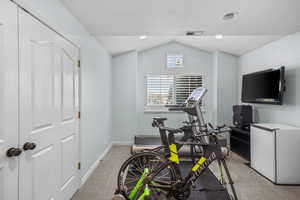 Exercise area with carpet and vaulted ceiling