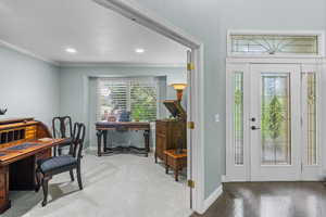 Office area featuring recessed lighting, ornamental molding, carpet flooring, and wood finished floors