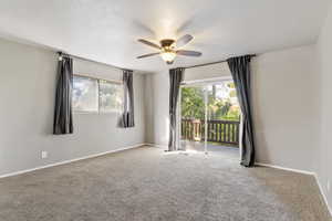 Carpeted spare room with ceiling fan