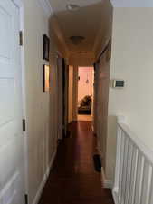 Hallway featuring crown molding, dark wood-style flooring, and an upstairs landing