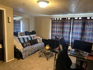Carpeted office space featuring a textured ceiling