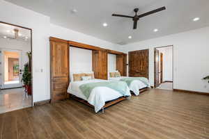 Bedroom featuring recessed lighting, ceiling fan, and wood finished floors