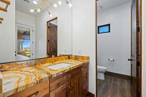Full bath featuring vanity, a chandelier, and wood tiled floors