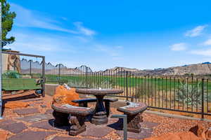 View of patio / terrace with a mountain view