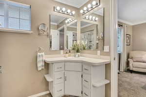 Full bath with vanity, ornamental molding, and light colored carpet