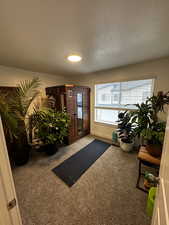 Community lobby with a textured ceiling