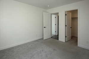Unfurnished bedroom with a walk in closet and carpet