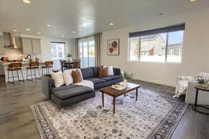Living room with recessed lighting, healthy amount of natural light, and dark wood finished floors