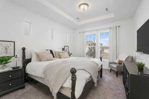 Carpeted bedroom featuring a raised ceiling
