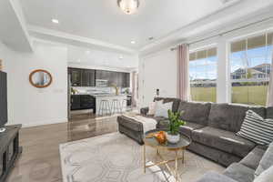 Living area featuring recessed lighting and light wood finished floors
