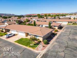 Aerial perspective of suburban area with mountains