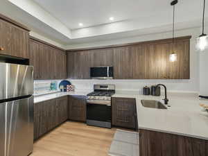 Kitchen with stainless steel appliances, dark brown cabinets, hanging light fixtures, modern cabinets, and recessed lighting