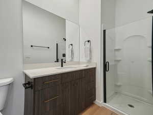 Full bath with vanity, light wood-style floors, and a stall shower