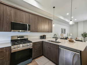 Kitchen with appliances with stainless steel finishes, dark brown cabinets, modern cabinets, hanging light fixtures, and light wood-style flooring