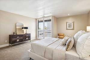 Primary bedroom sliding doors for west facing balcony