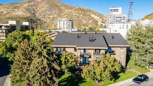 Drone / aerial view of a mountain backdrop