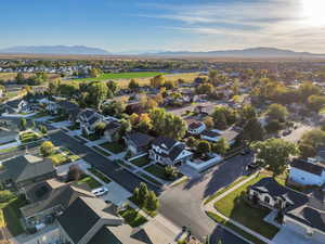 Aerial view of residential area with a mountain backdrop