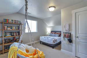 Carpeted bedroom with lofted ceiling and a textured ceiling