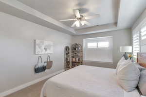 Bedroom featuring a tray ceiling, ceiling fan, and carpet floors