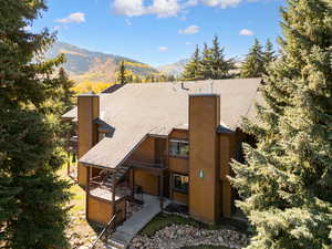 Rear view of property with a chimney, a mountain view, roof with shingles, and a patio