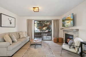Living room with wood finished floors and a stone fireplace
