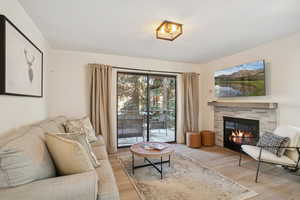 Living room featuring wood finished floors and a fireplace