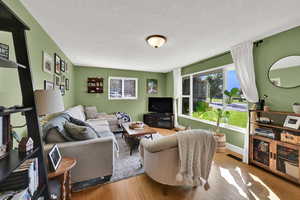Living room featuring hardwood / wood-style floors and a textured ceiling