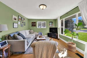 Living room featuring plenty of natural light, wood finished floors, and a textured ceiling