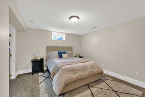 Bedroom with a textured ceiling and carpet floors