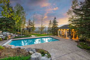 Swimming pool with a fireplace and a patio