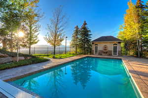 View of swimming pool featuring a patio, an outbuilding, and a storage structure