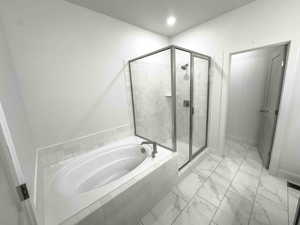 Full bathroom with a shower stall, a garden tub, light marble finish floors, and recessed lighting