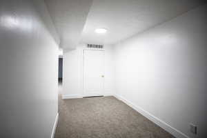 Finished basement with a textured ceiling and carpet flooring