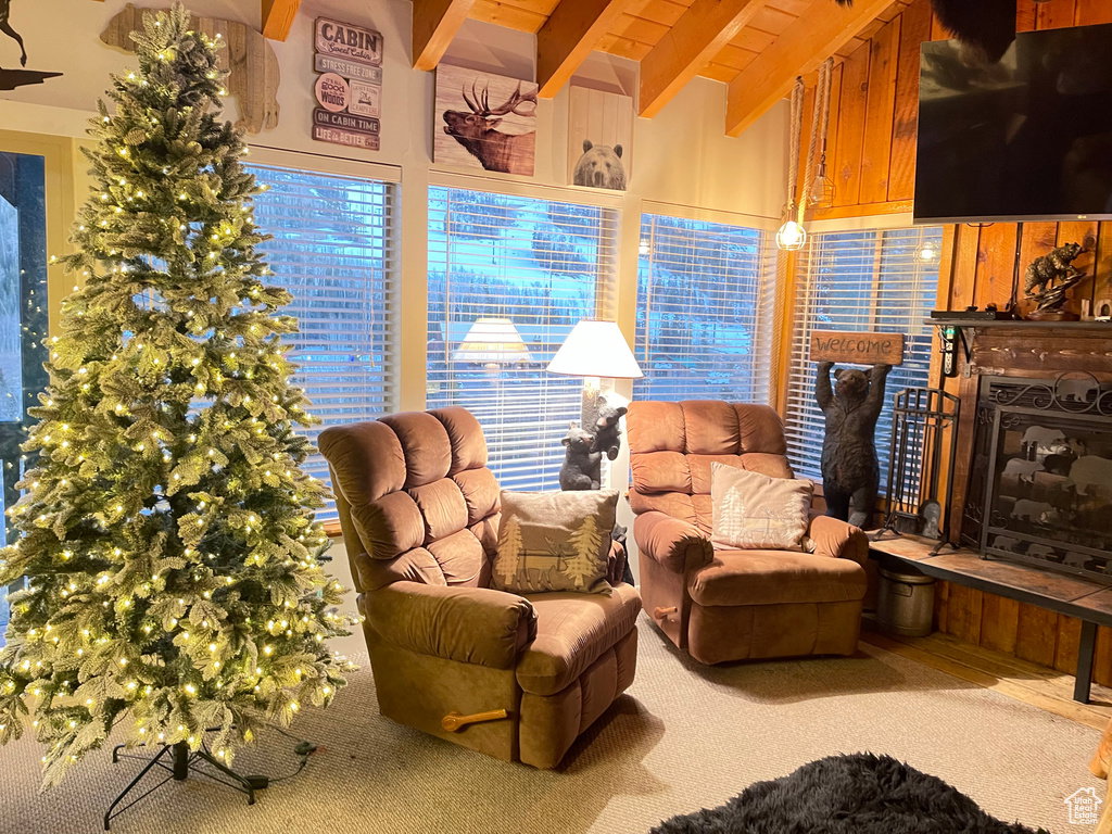 Living room with a fireplace with raised hearth, carpet, and wood ceiling