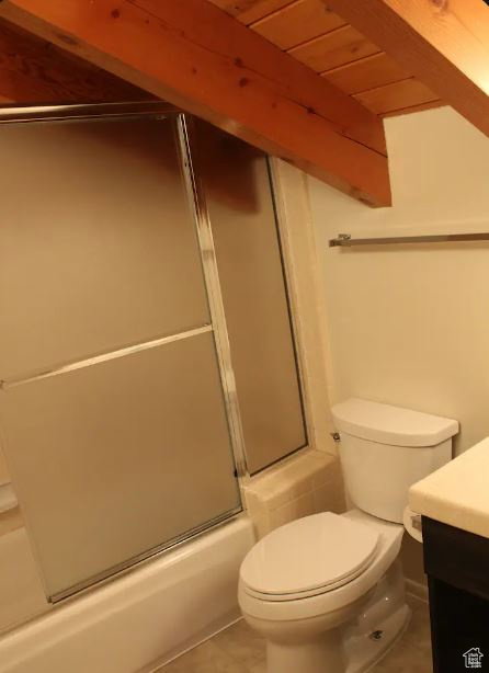 Bathroom with vanity, bath / shower combo with glass door, wood ceiling, and tile patterned floors