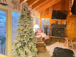Carpeted living room featuring wooden walls and a fireplace with raised hearth