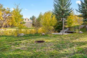 View of grassy yard with a fire pit
