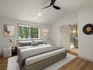 Bedroom featuring LVP floors, vaulted ceiling, a ceiling fan, recessed lighting, and connected bathroom
