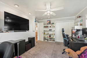 Carpeted office space with ornamental molding, ceiling fan, and a textured ceiling