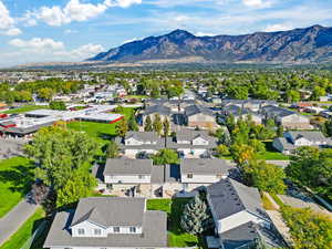 Aerial perspective of suburban area with mountains