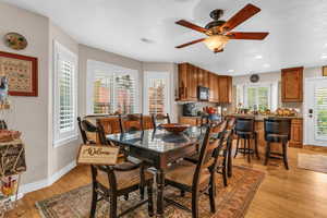Dining area with light wood-type flooring, a ceiling fan, and recessed lighting