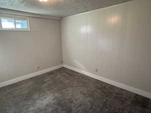 Spare room with dark colored carpet, wood walls, and a textured ceiling