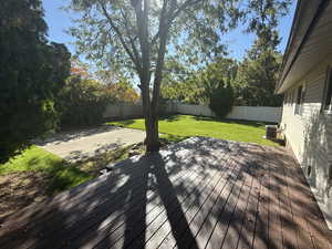 Wooden terrace featuring a fenced backyard