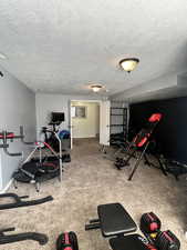 Exercise room featuring carpet floors and a textured ceiling