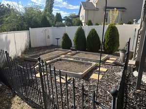 Fenced backyard with a garden